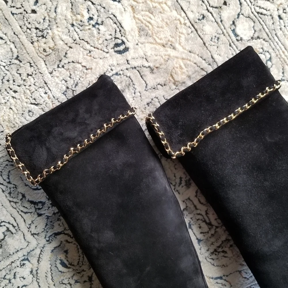 CHANEL Vintage Black Suede Leather & Signature Chain Tall Riding Boots 35